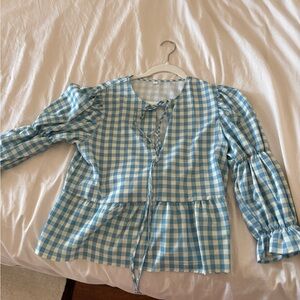 Blue Gingham Blouse with Puff Sleeves